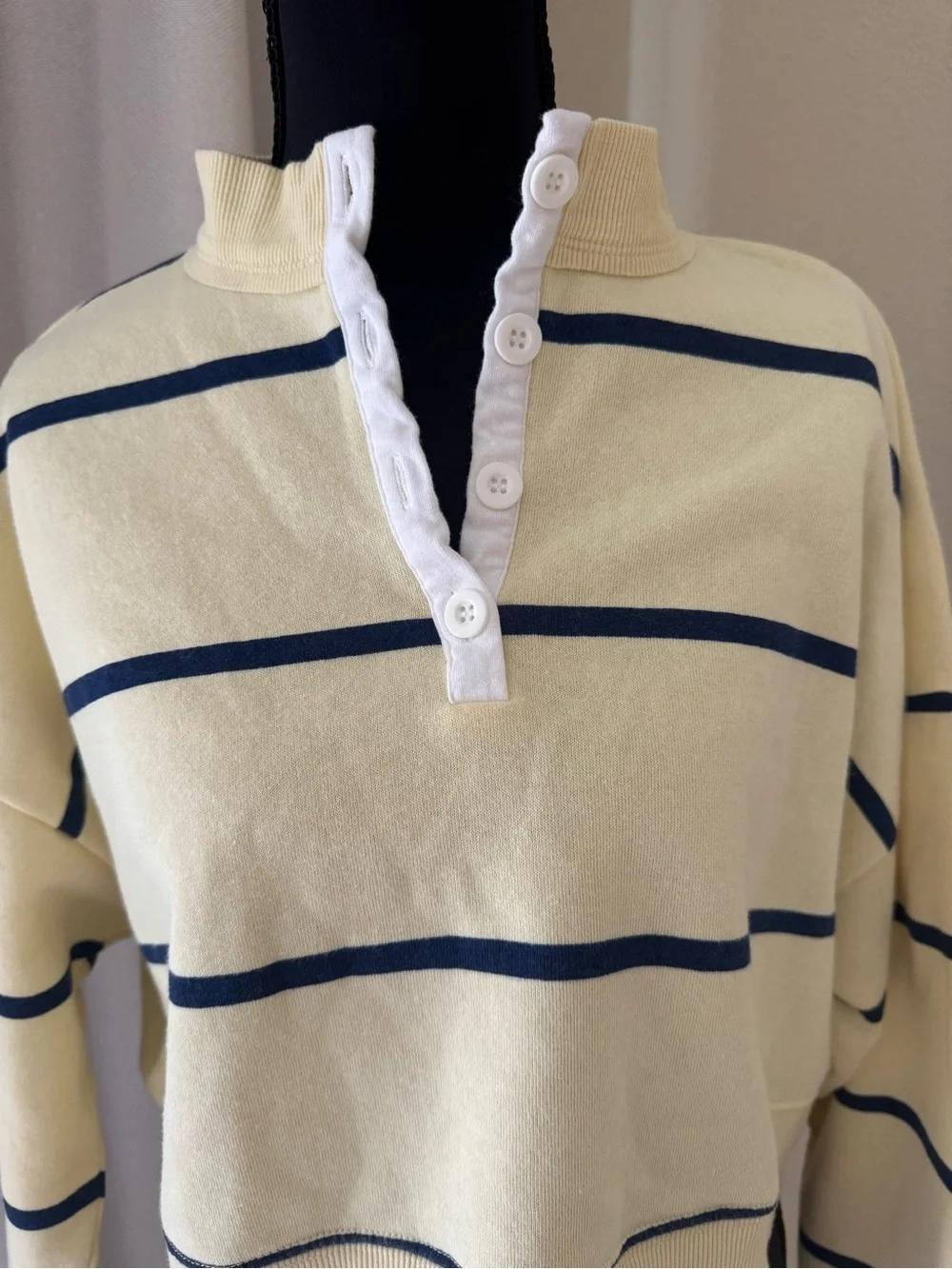 BP. Cream Navy Stripe Half Button Cropped Sweatshirt Pullover Size S - Picture 3 of 11